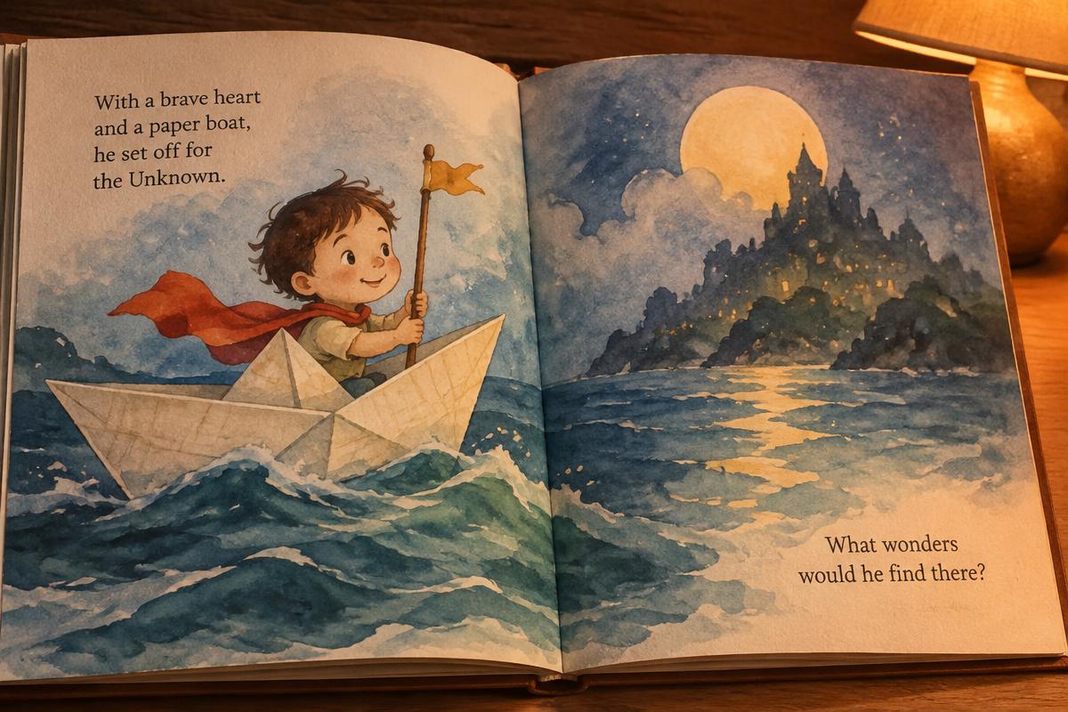 Storybook spread: a child sets sail in a paper boat